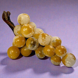 Vintage Alabaster Stone Grape Cluster Wooden Stem Carved MCM Heavy Large 12" L